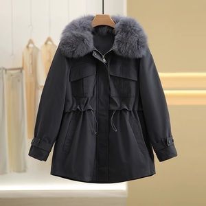 Women Thick MIDI Length Charcoal Gray Coat Real Fox Fur Collar Inner Rabbit Fur
